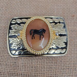Vintage Gold and Black Horse Belt Buckle Equestrian Western